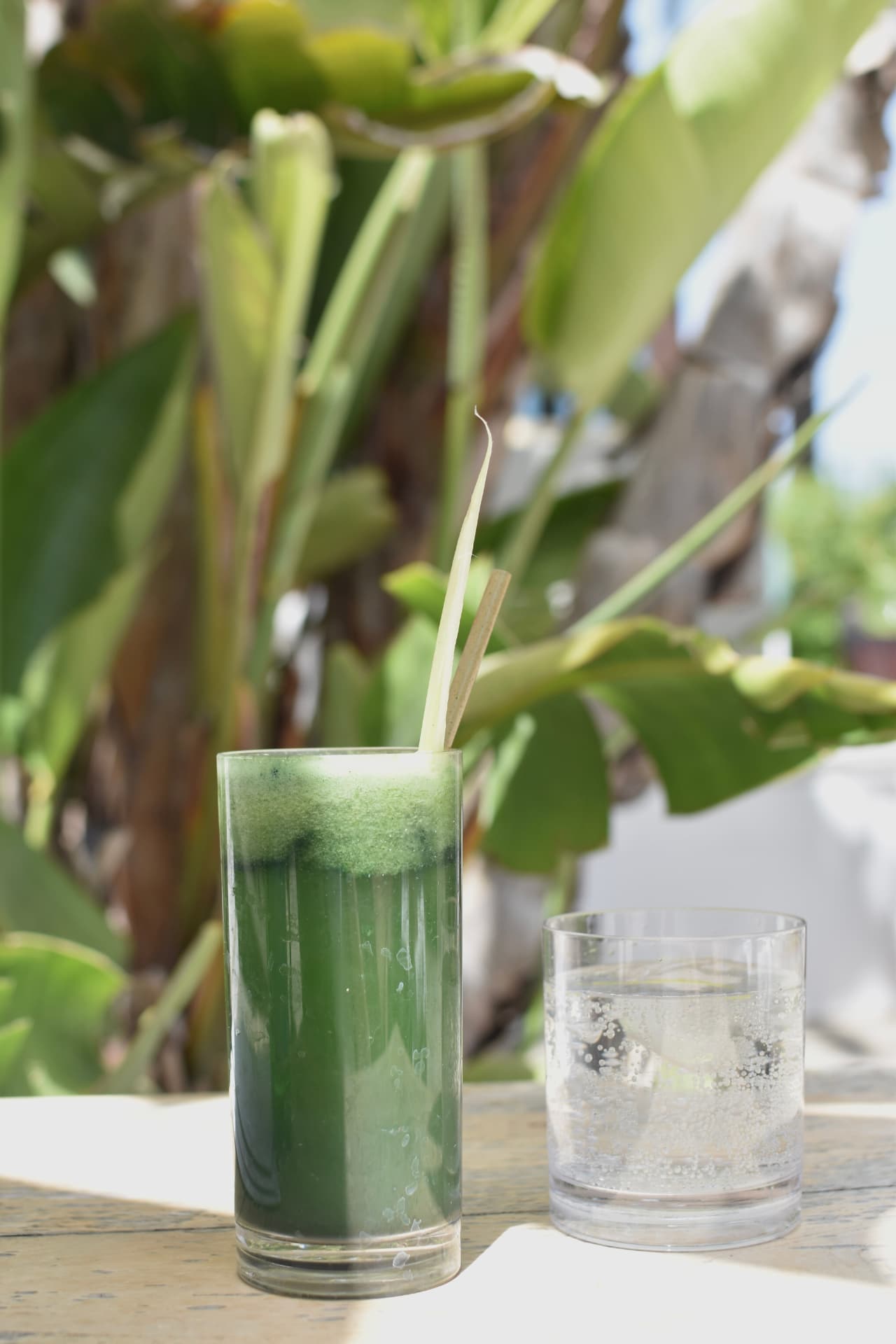 Glass of green juice beside sparkling water in dappled sunlight