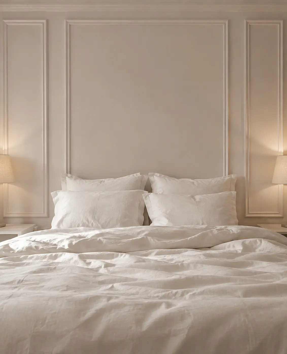 Made bed with white linen in a pale panelled room